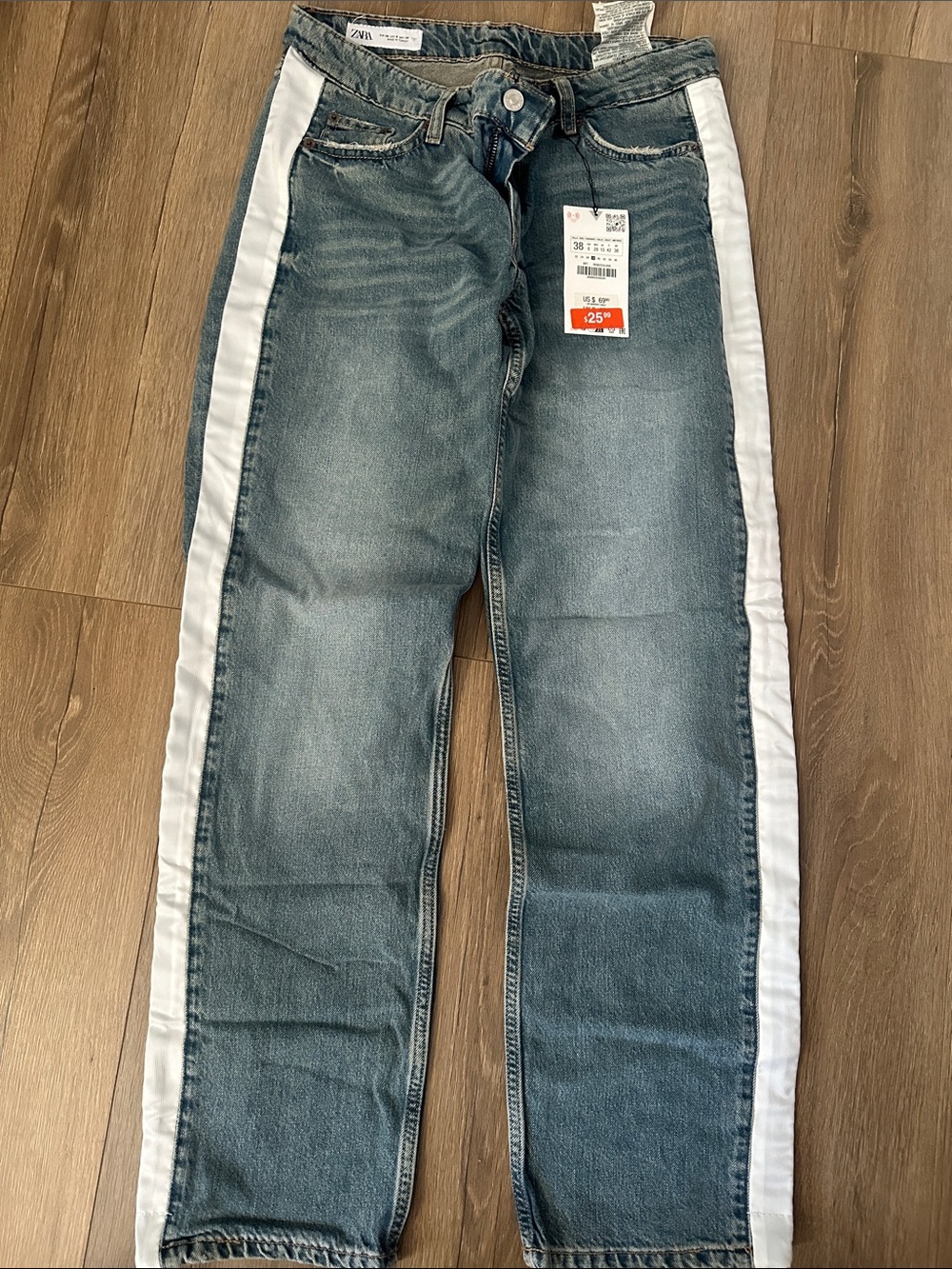 Zara Straight Jeans in Blue with White Side Stripes